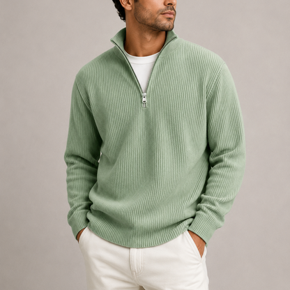 Heren Quarter-Zip Trui met Staande Kraag - Geribbeld Gebreid