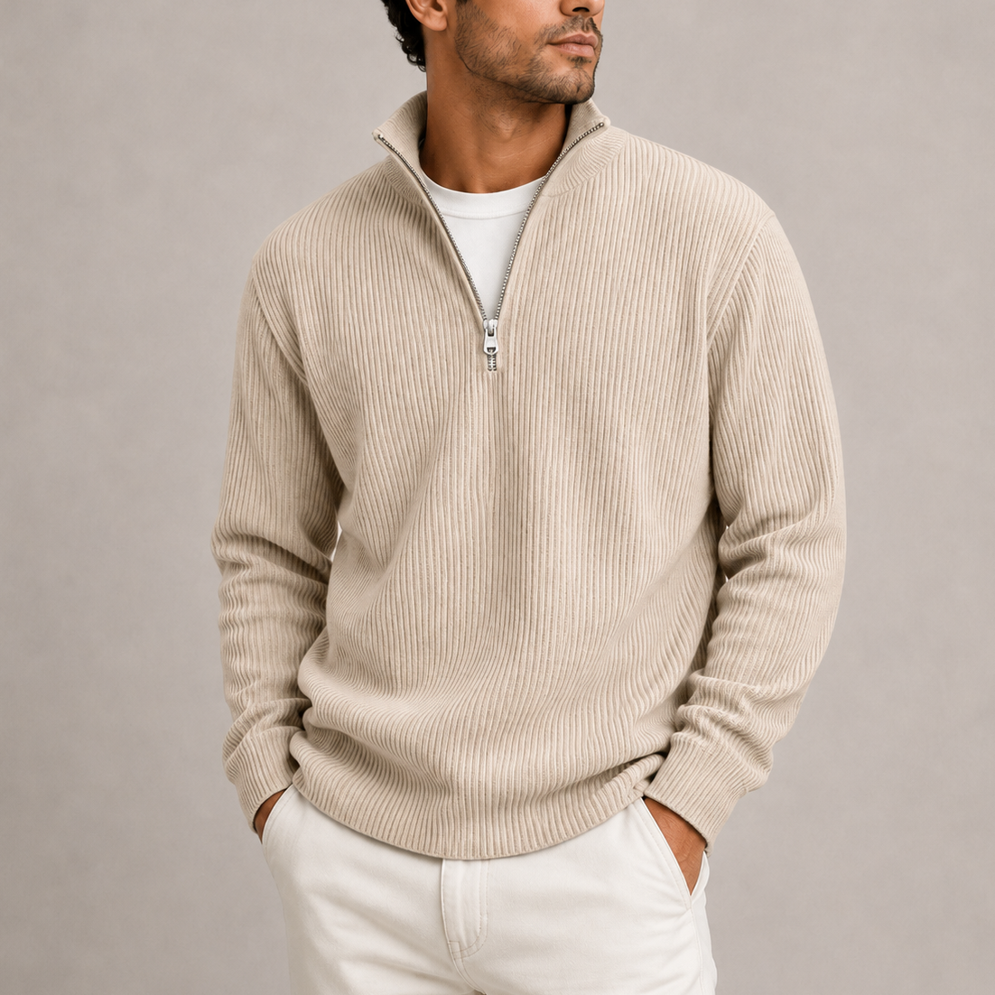 Heren Quarter-Zip Trui met Staande Kraag - Geribbeld Gebreid