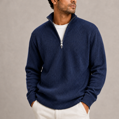 Heren Quarter-Zip Trui met Staande Kraag - Geribbeld Gebreid