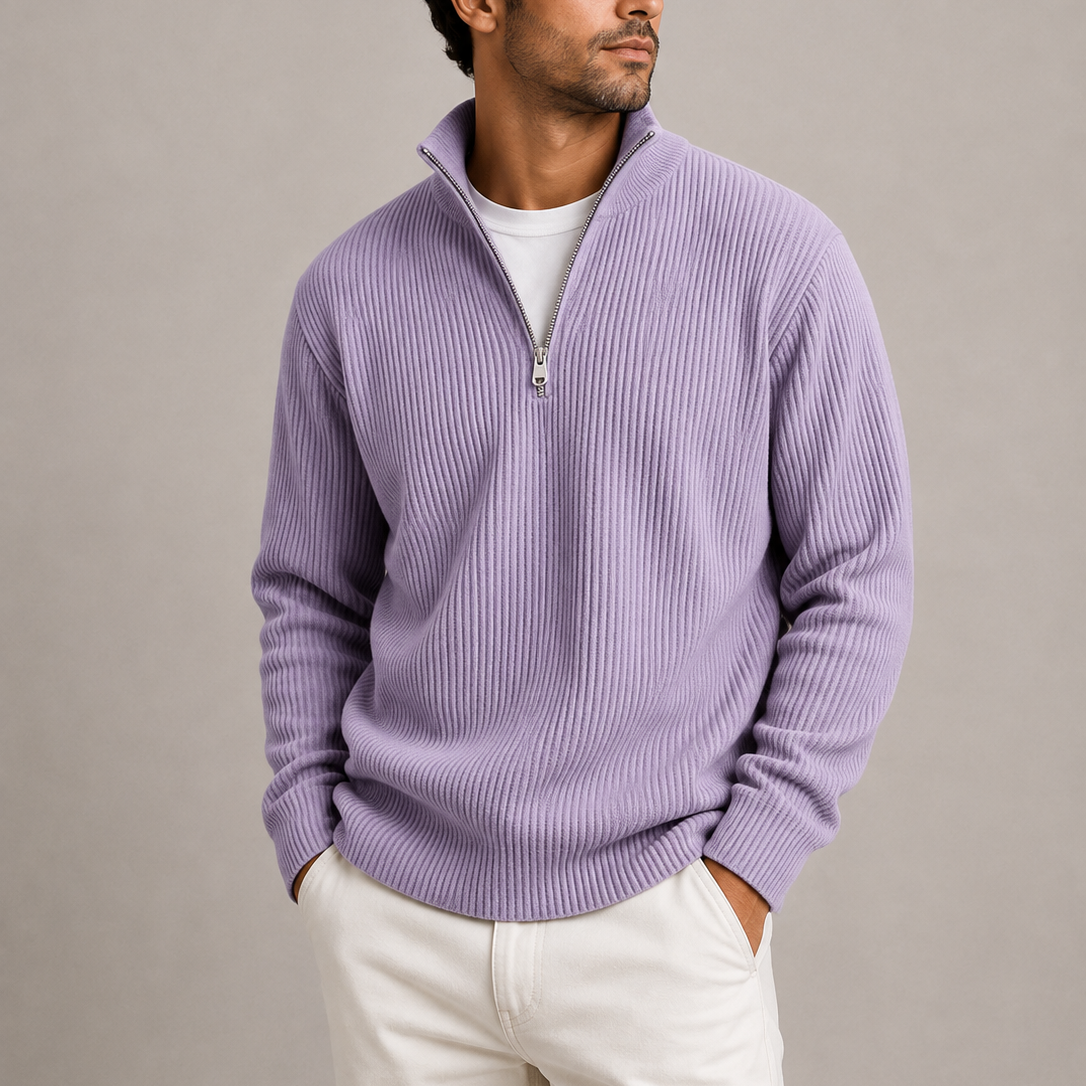 Heren Quarter-Zip Trui met Staande Kraag - Geribbeld Gebreid
