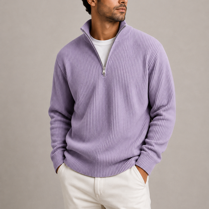 Heren Quarter-Zip Trui met Staande Kraag - Geribbeld Gebreid