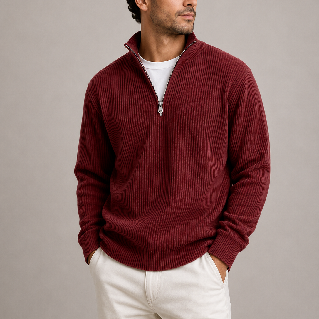 Heren Quarter-Zip Trui met Staande Kraag - Geribbeld Gebreid