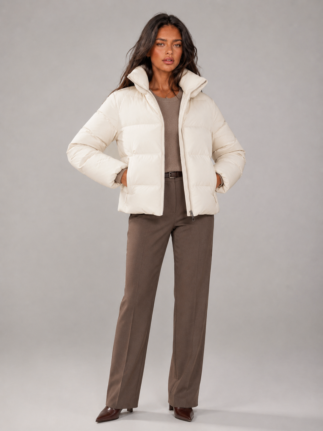 Funnel Neck Quilted Puffer Jacket with Zip Front