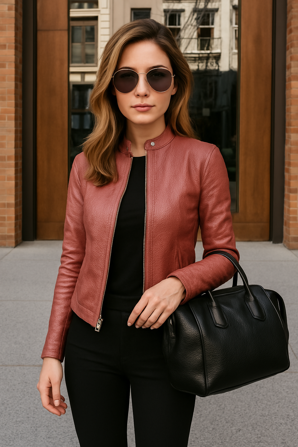 Dames Leren Jack met Rits, Slim Fit en Staande Kraag