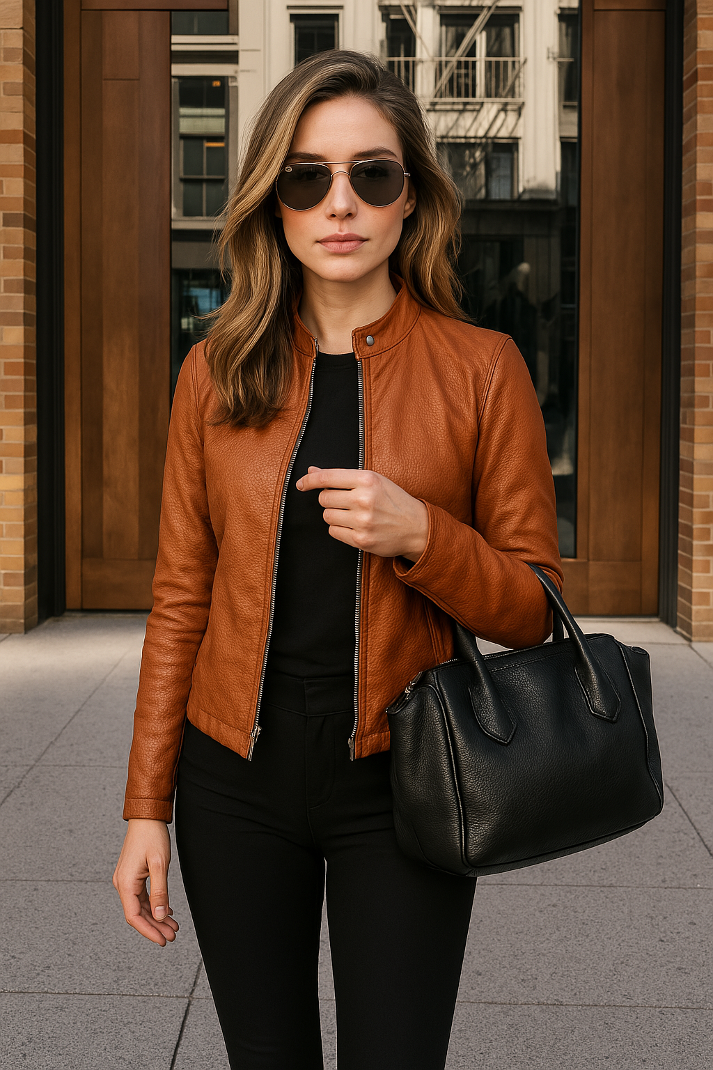 Dames Leren Jack met Rits, Slim Fit en Staande Kraag