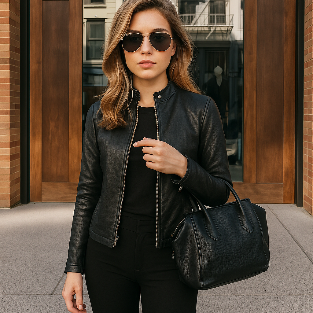 Dames Leren Jack met Rits, Slim Fit en Staande Kraag