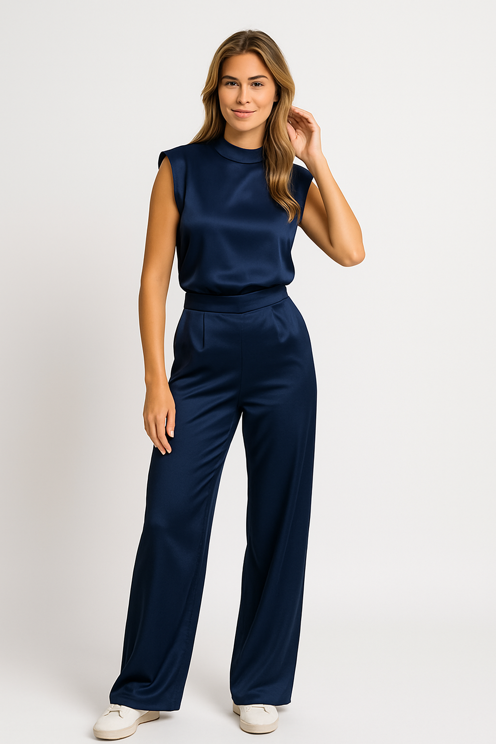 Dames Jumpsuit Satijnlook Mouwloos Open Rug – Velora-Amsterdam