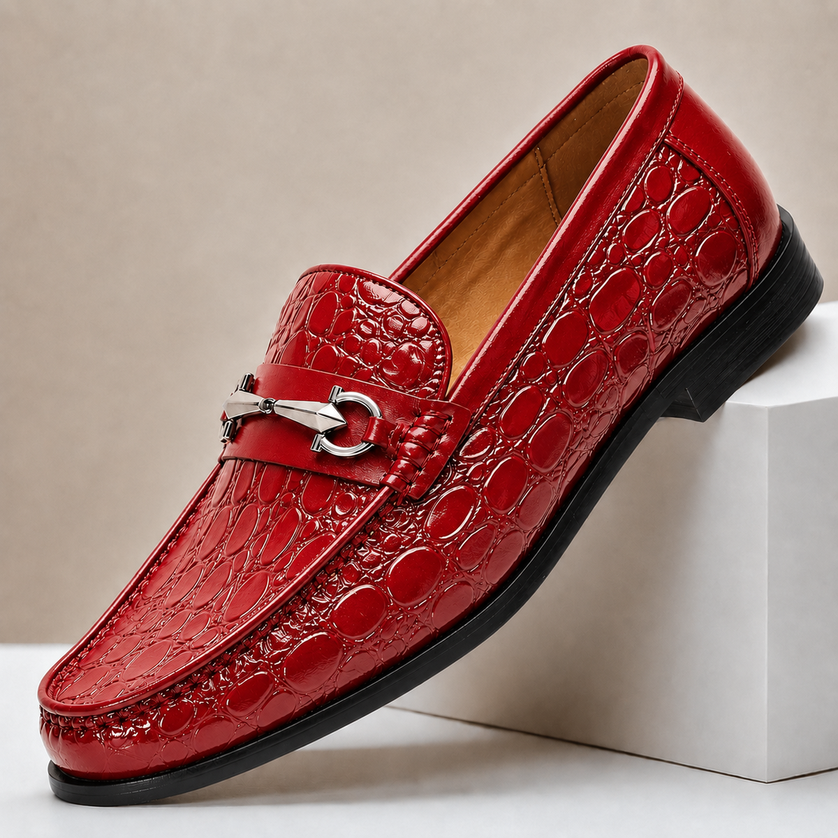 Heren Loafers Runderleer met Gegraveerde Structuur en Metalen Accent