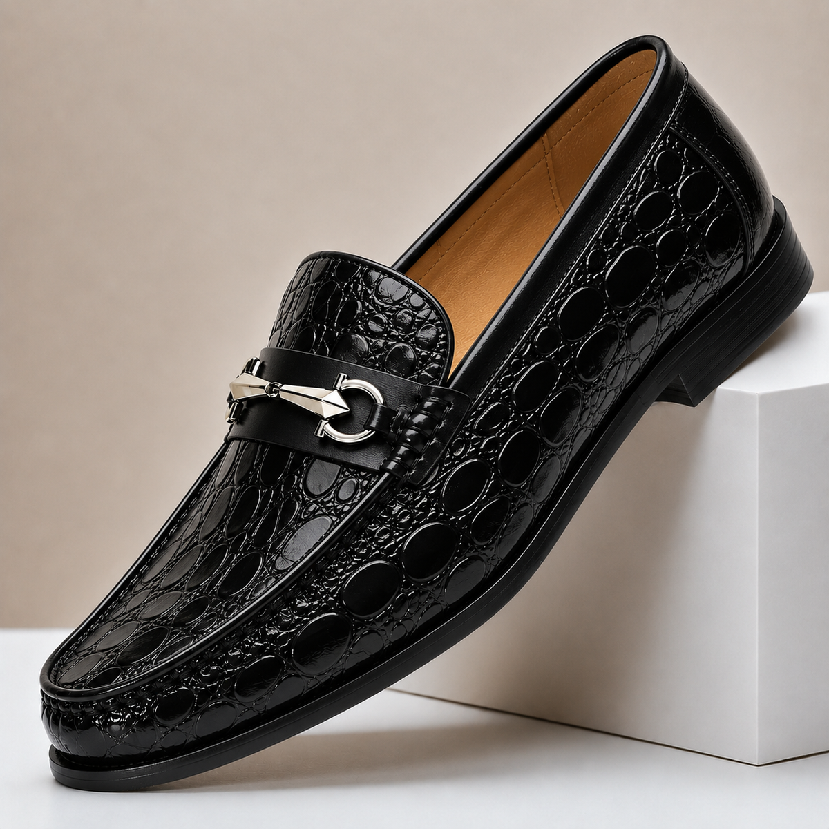 Heren Loafers Runderleer met Gegraveerde Structuur en Metalen Accent