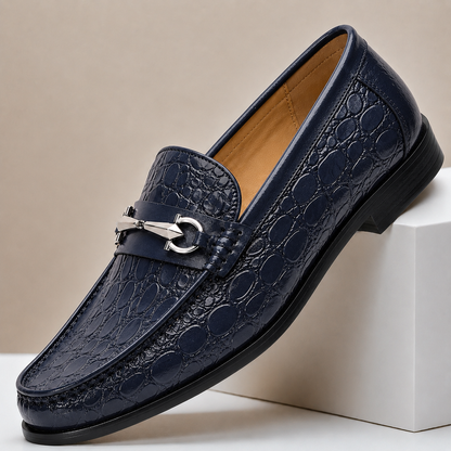 Heren Loafers Runderleer met Gegraveerde Structuur en Metalen Accent