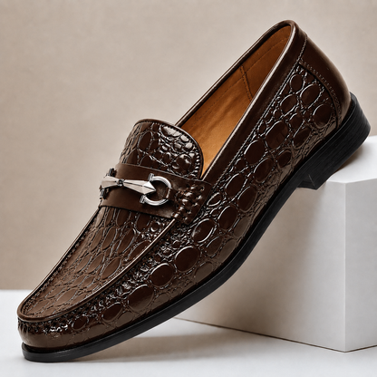 Heren Loafers Runderleer met Gegraveerde Structuur en Metalen Accent