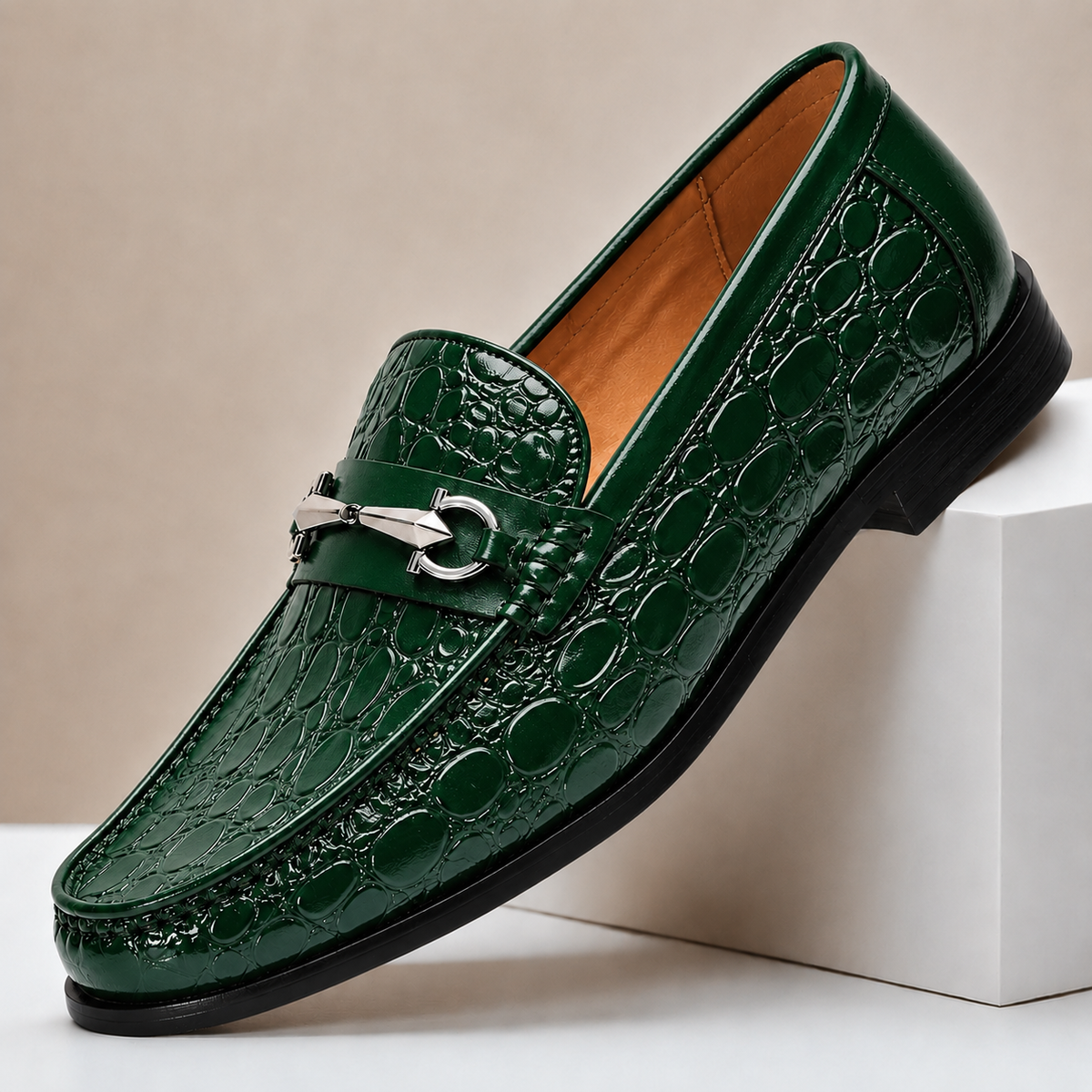 Heren Loafers Runderleer met Gegraveerde Structuur en Metalen Accent