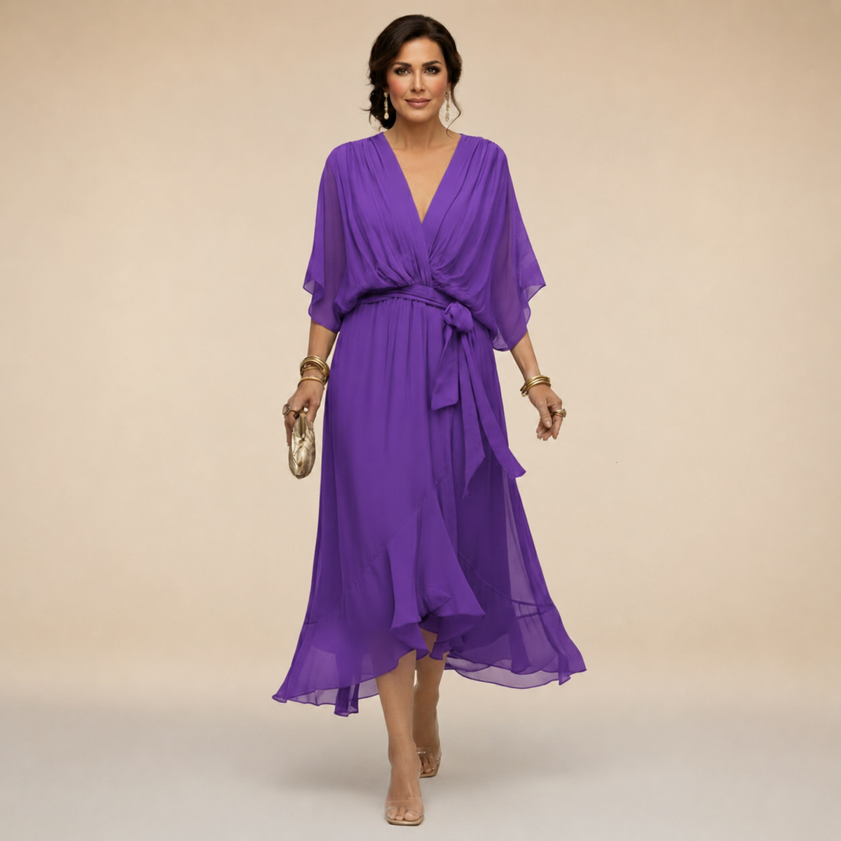 Dames Wikkeljurk Midi met V-hals en 3/4 Mouw