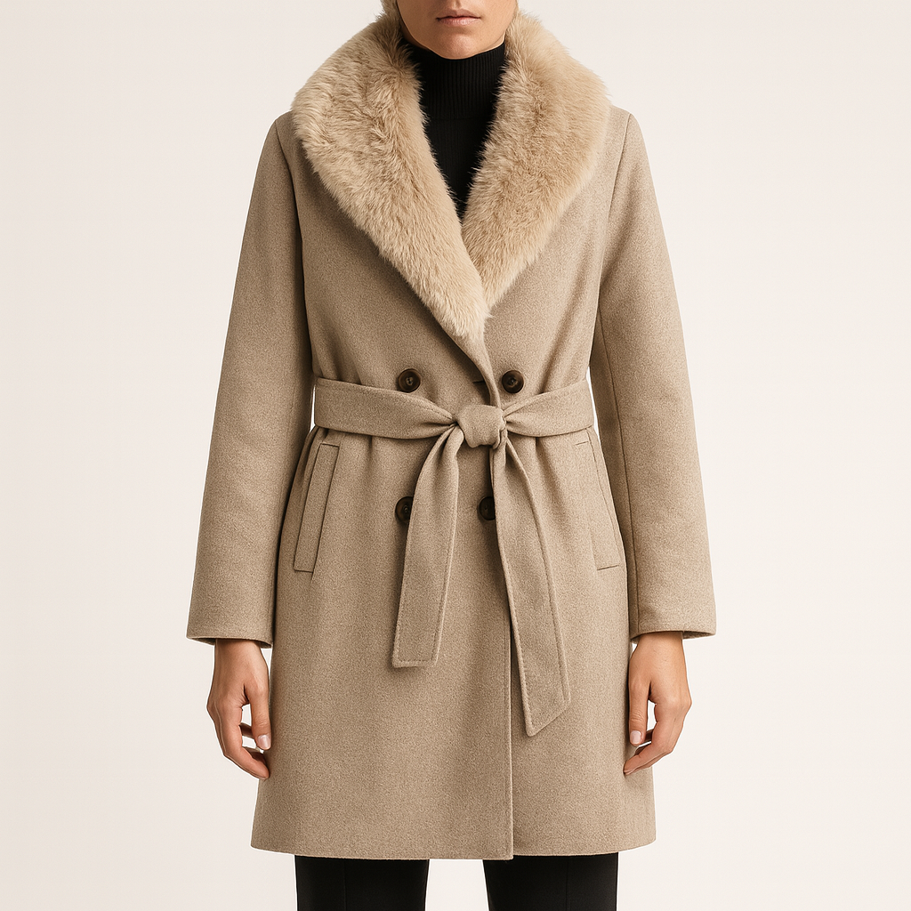 Dames Lange Wollen Jas met Synthetische Bontkraag – Wit, Warm en Stijlvol voor Herfst en Winter