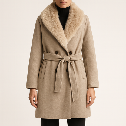 Dames Lange Wollen Jas met Synthetische Bontkraag – Wit, Warm en Stijlvol voor Herfst en Winter