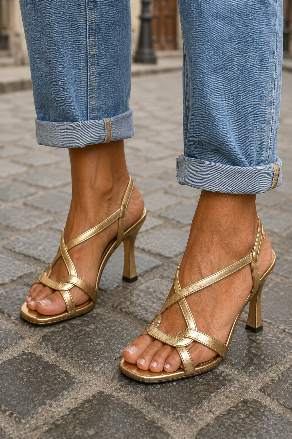 Dames Sandalen Goud met Kruisbandjes en Blokhak 6 cm