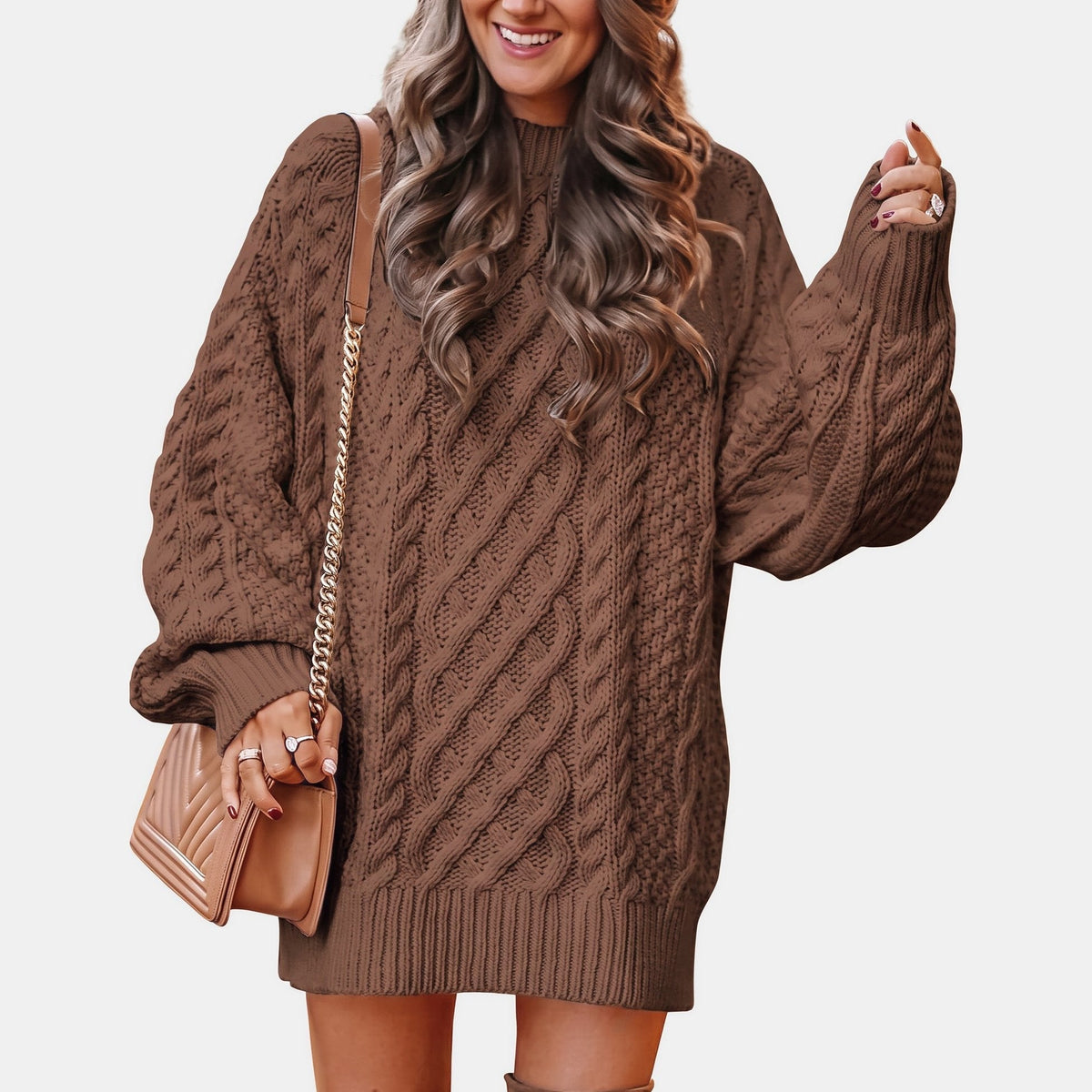 Dames Oversized Coltrui met Kabelpatroon – Warme Gebreide Trui