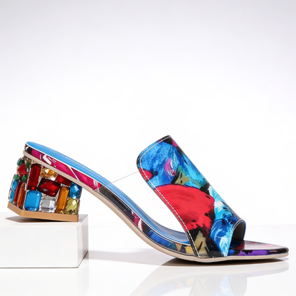 Dames Slippers met Strass Blokhak - Peep-Toe Sandalen