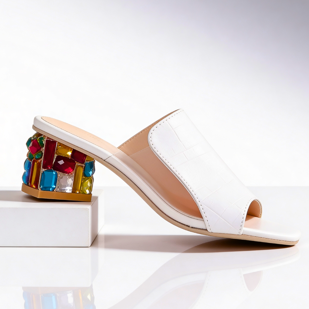 Dames Slippers met Strass Blokhak - Peep-Toe Sandalen