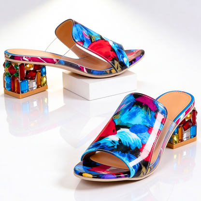 Dames Slippers met Strass Blokhak - Peep-Toe Sandalen