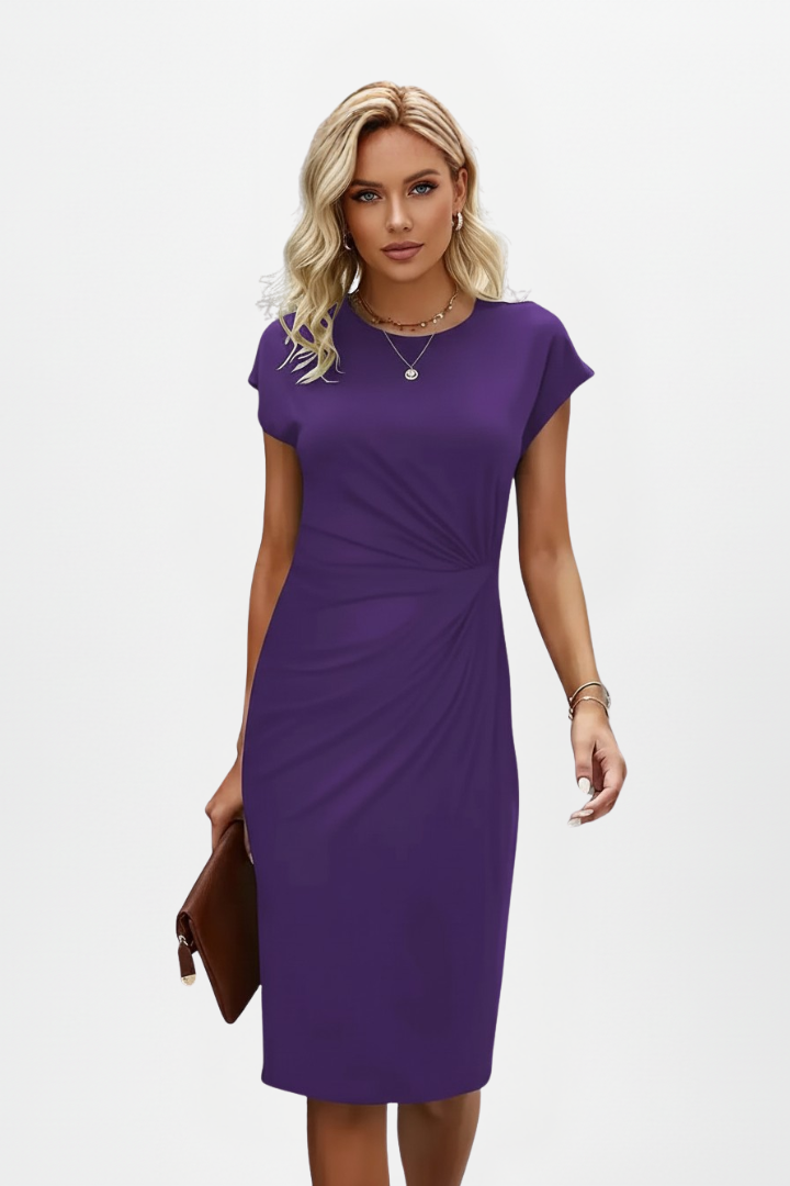 Dames Jurk Kniehoogte met Ronde Hals en Geplooide Taille