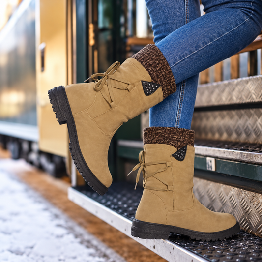 Dames Enkellaarzen Winter met Gebreide Boord en Veterdetail Zijkant