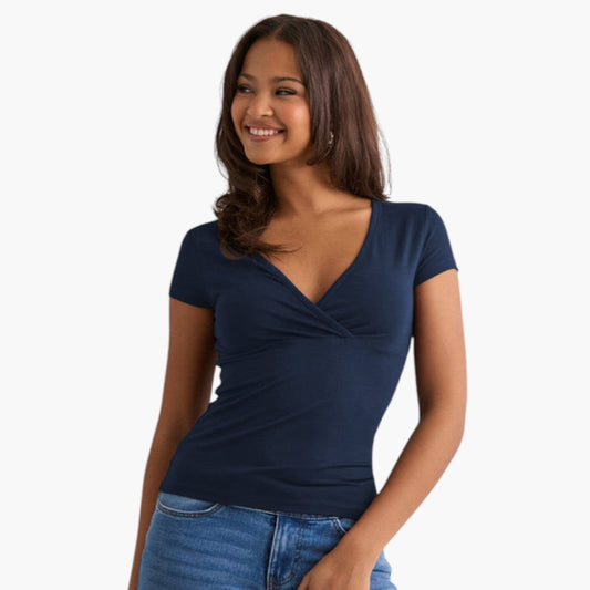 Dames T-shirt V-hals met Omslag Detail Korte Mouw