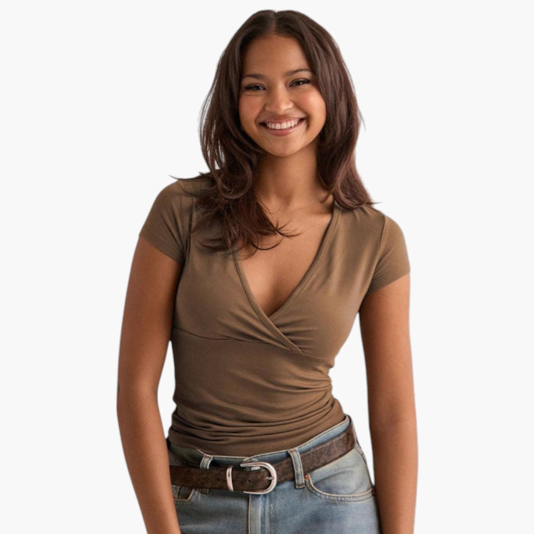 Dames T-shirt V-hals met Omslag Detail Korte Mouw