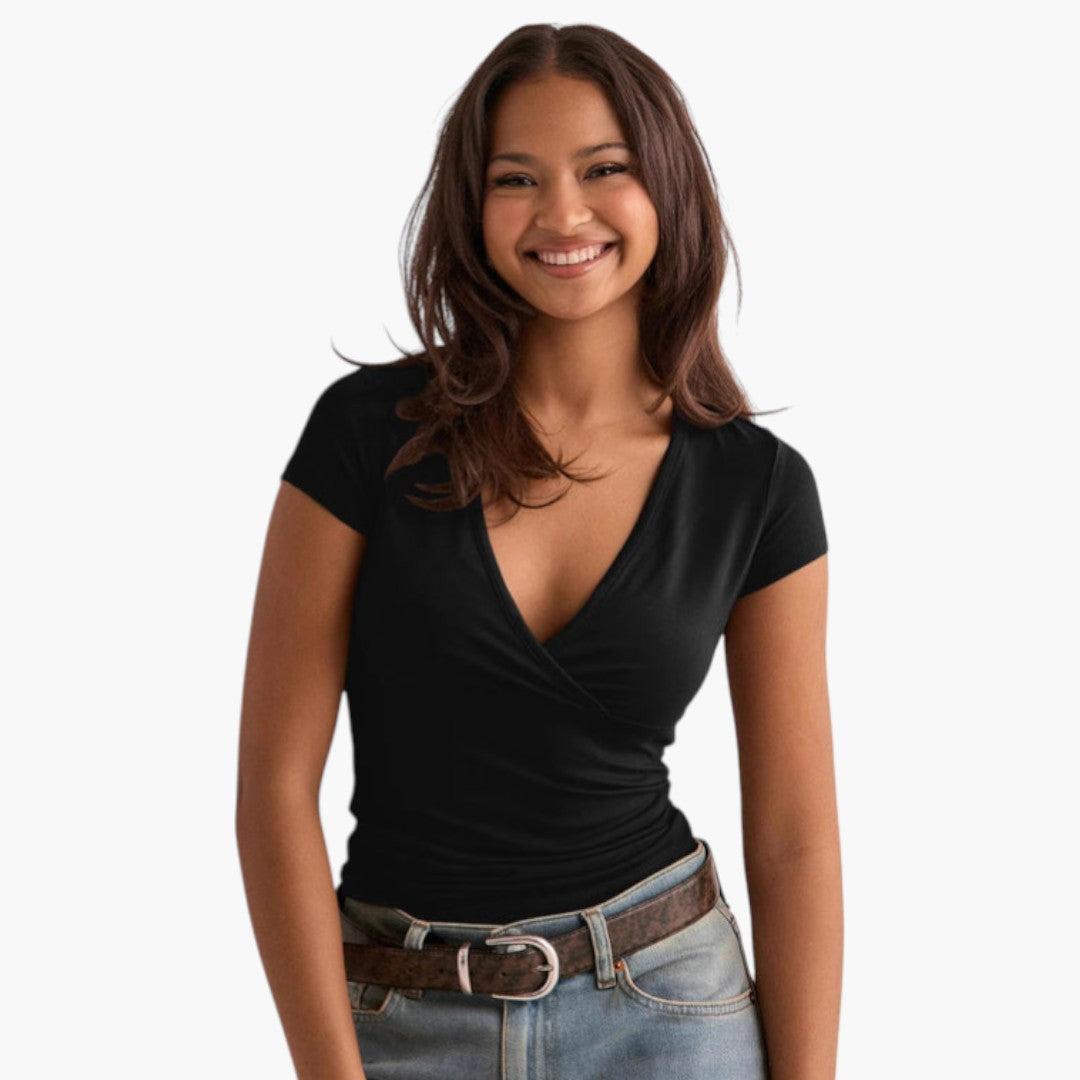 Dames T-shirt V-hals met Omslag Detail Korte Mouw