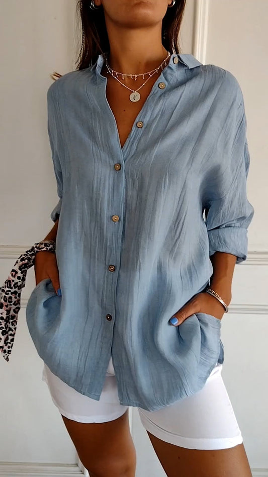 Dames Blouse Lange Mouw met Plissé-Structuur en Zakken
