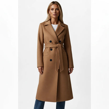 dames lange jas met dubbele knopenrij en ceintuur camel