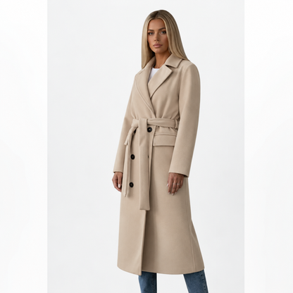 dames lange jas met dubbele knopenrij en ceintuur creme