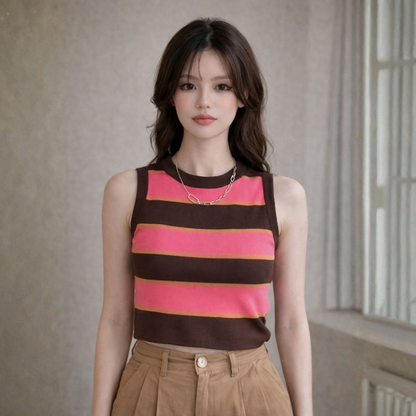 Eline - Roze Gestreept Mouwloos Gebreid Topje