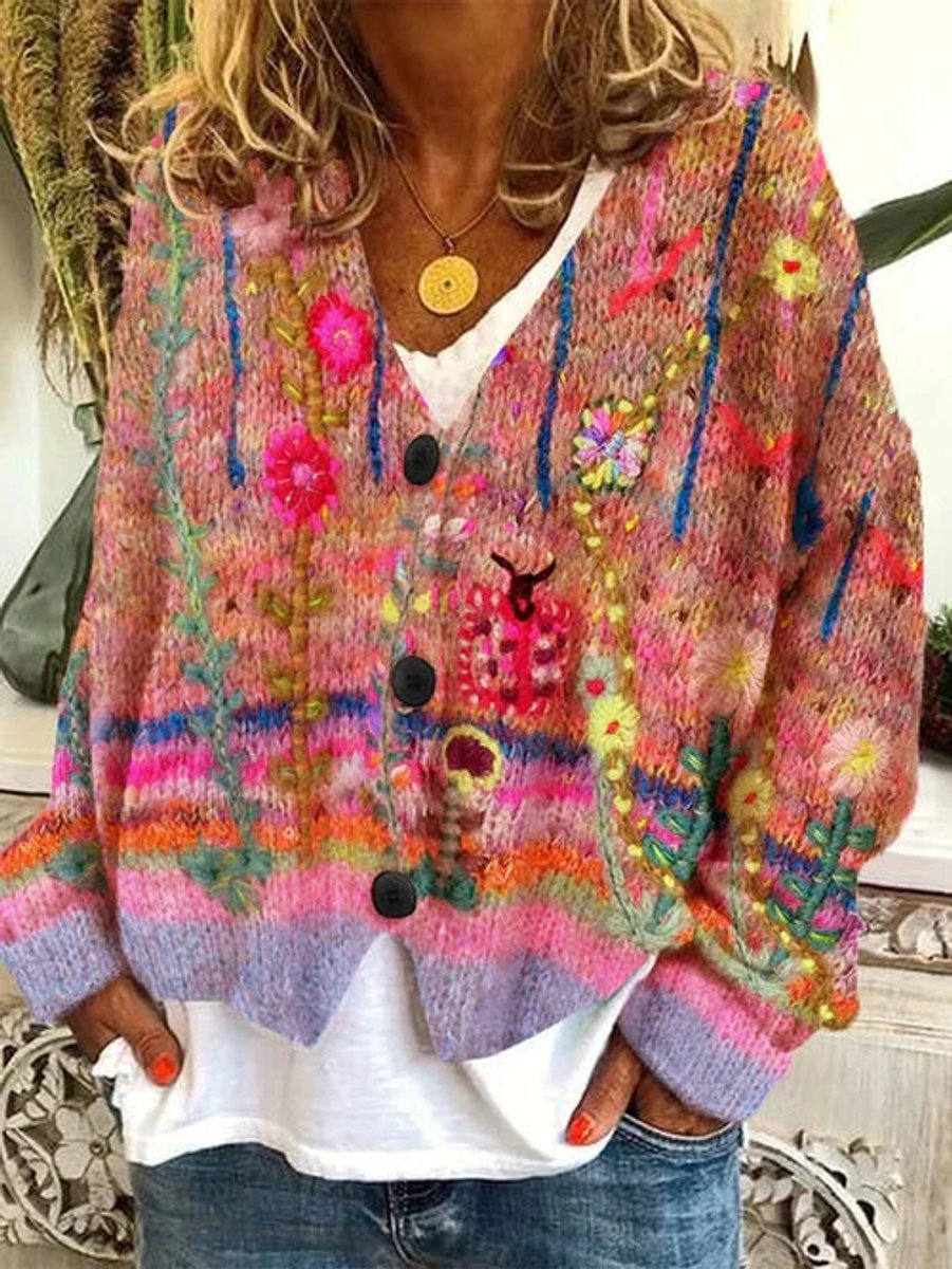Damski kardigan w kwiaty z guzikami w stylu retro – kolorowy, luźny krój 2