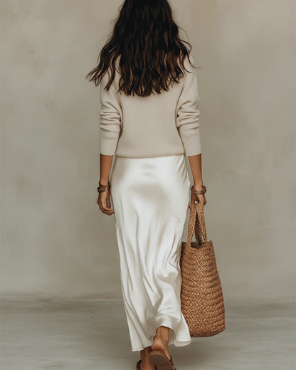 Dames Satijnen Midi Jurk met Gebreid Vest - Tweedelige Set met V-hals