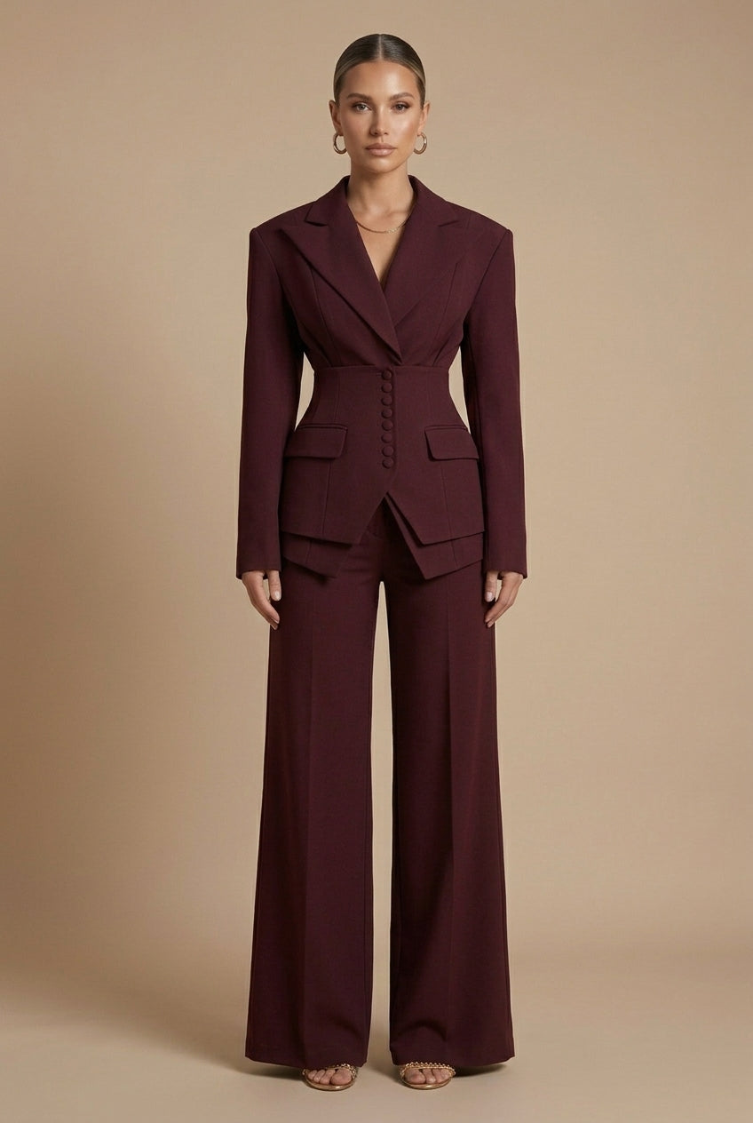 Dames Pantalonpak Blazer en Wide-Leg Broek met Puntkraag