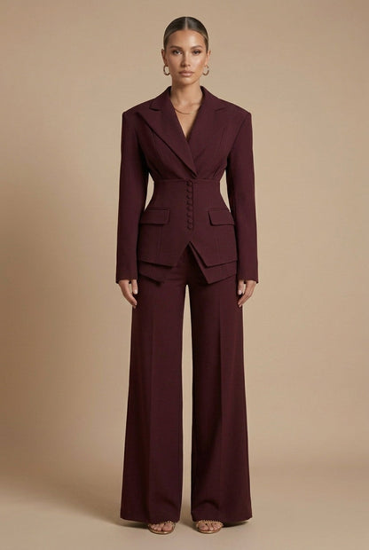 Dames Pantalonpak Blazer en Wide-Leg Broek met Puntkraag