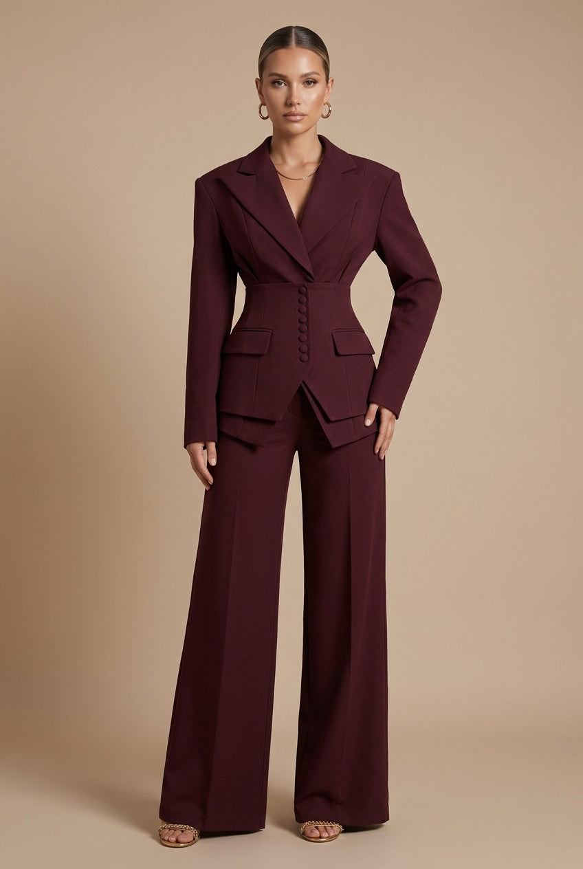 Dames Pantalonpak Blazer en Wide-Leg Broek met Puntkraag