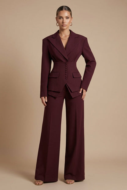 Dames Pantalonpak Blazer en Wide-Leg Broek met Puntkraag