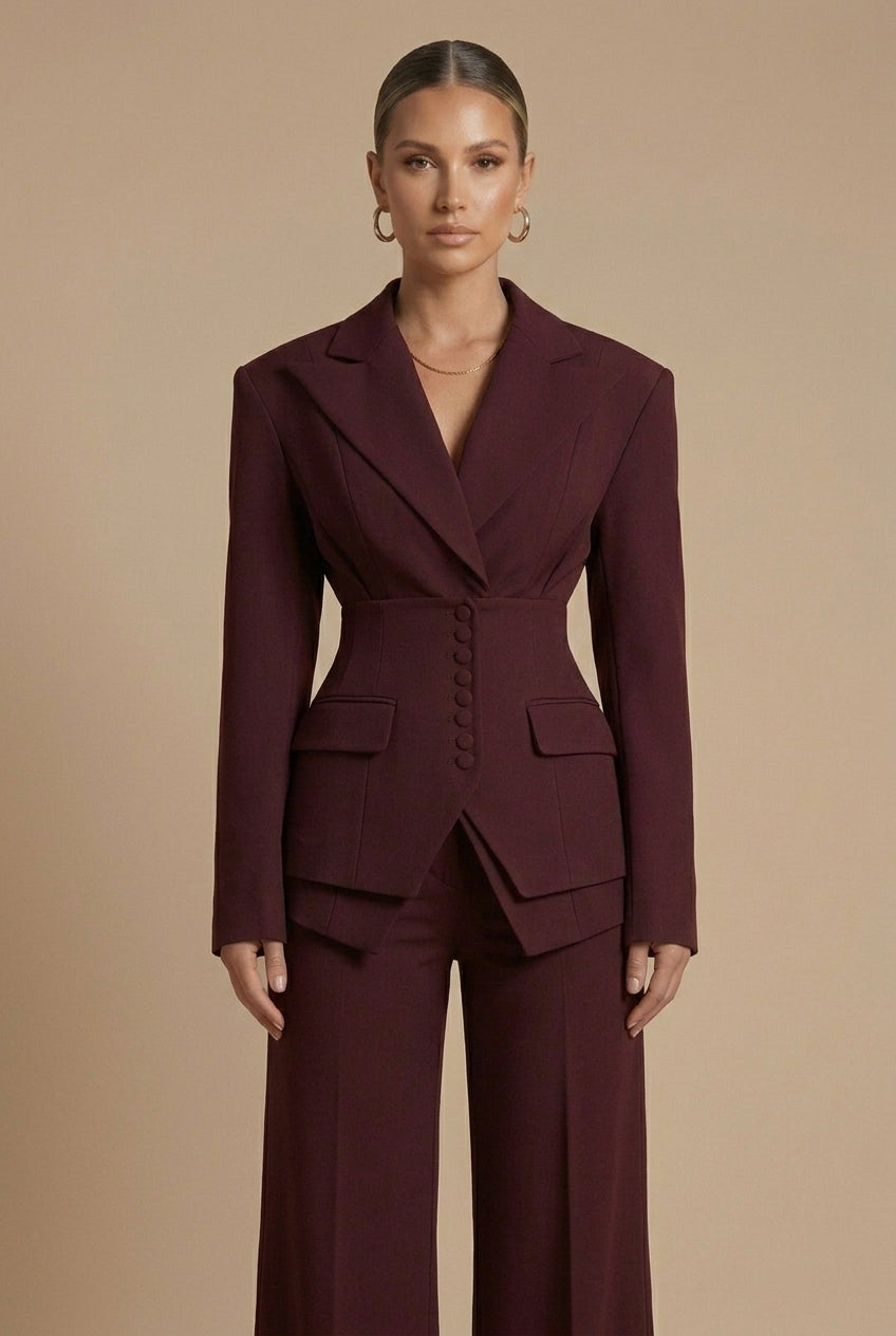 Dames Pantalonpak Blazer en Wide-Leg Broek met Puntkraag