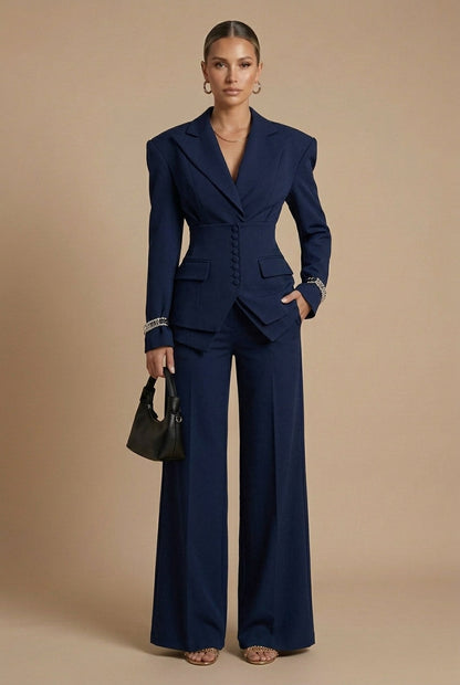 Dames Pantalonpak Blazer en Wide-Leg Broek met Puntkraag
