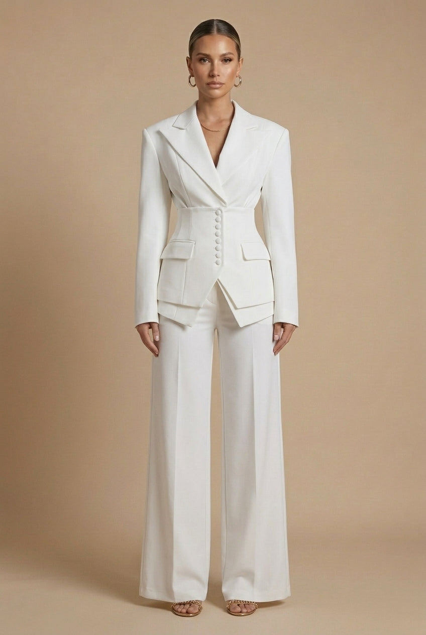 Dames Pantalonpak Blazer en Wide-Leg Broek met Puntkraag