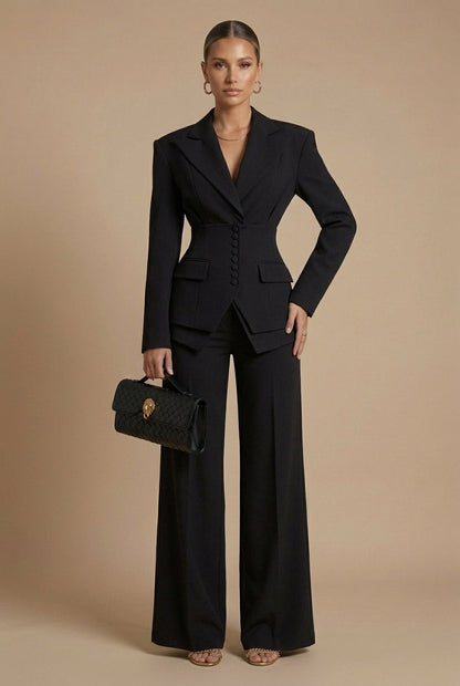 Dames Pantalonpak Blazer en Wide-Leg Broek met Puntkraag