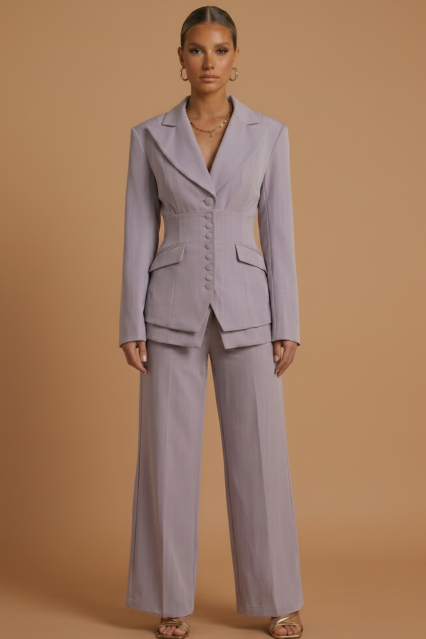 Dames Pantalonpak Blazer en Wide-Leg Broek met Puntkraag