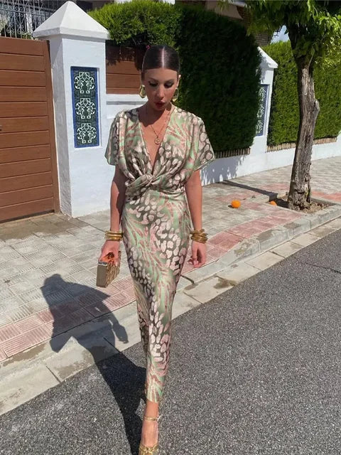 Dames Maxi Jurk – Groen met Print, Lange Damesjurk voor Casual of Feest