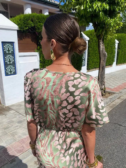 Dames Maxi Jurk – Groen met Print, Lange Damesjurk voor Casual of Feest