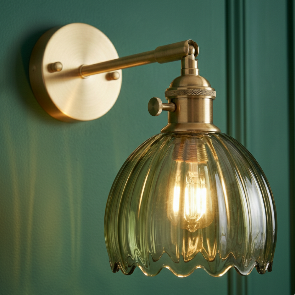 Elegant Wall Sconce Lighting with Glass Shade – Vintage Brass Flower Design 13