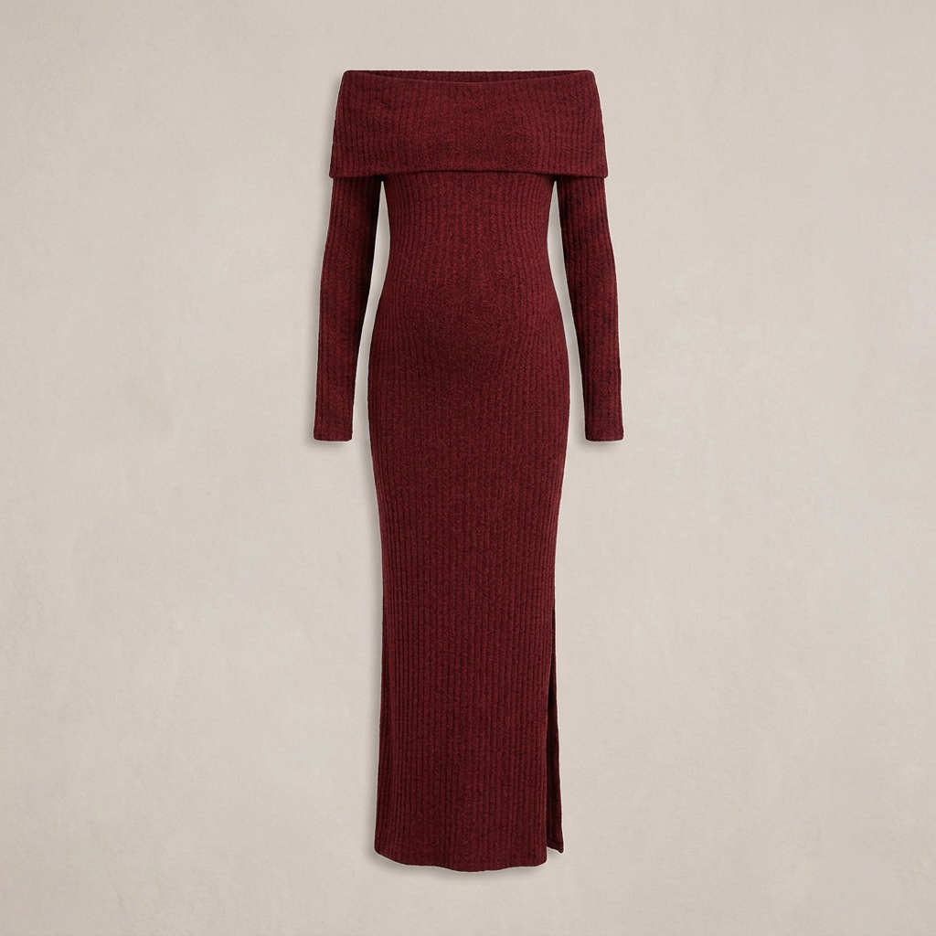 Dames Maxi Jurk Zwangerschap Bordeaux met Blote Schouders en Lange Mouwen