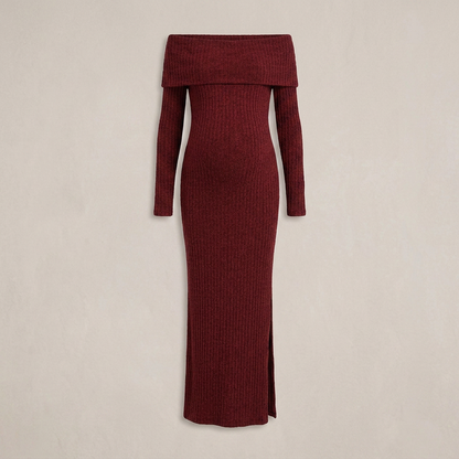 Dames Maxi Jurk Zwangerschap Bordeaux met Blote Schouders en Lange Mouwen