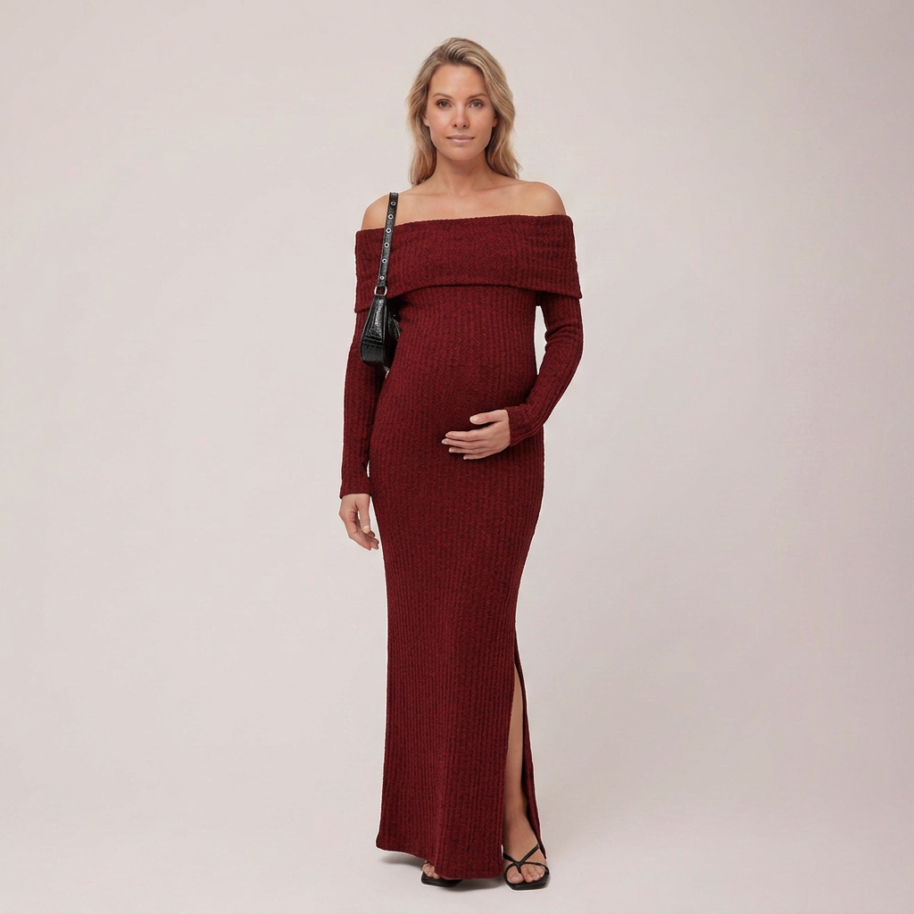 Dames Maxi Jurk Zwangerschap Bordeaux met Blote Schouders en Lange Mouwen